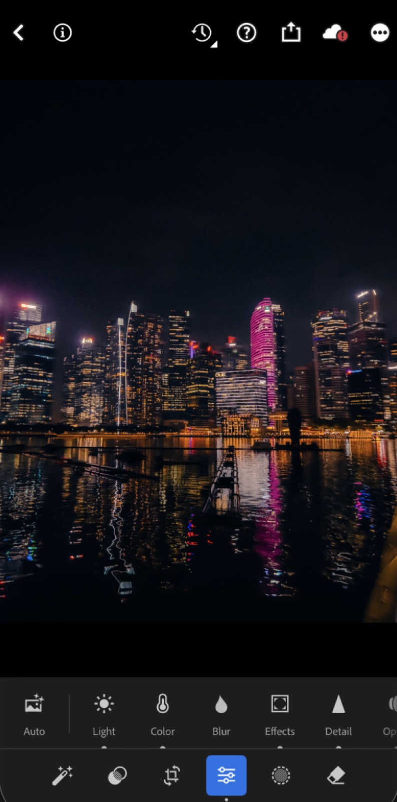 A photo open in the Lightroom Mobile editor with the panel bar visible at the bottom of the screen