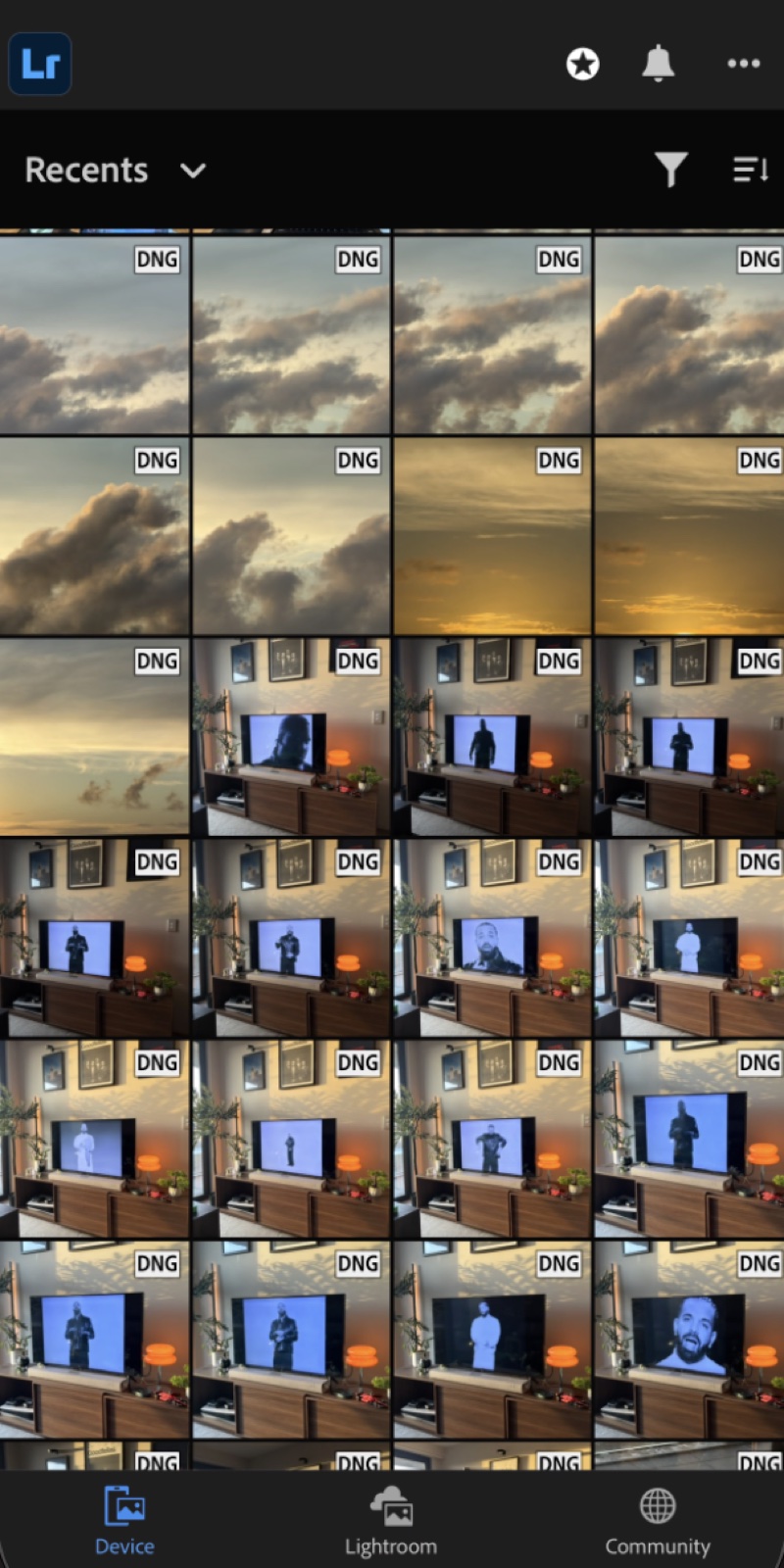 The Lightroom Mobile library view on iPhone showing the album list and recent imports